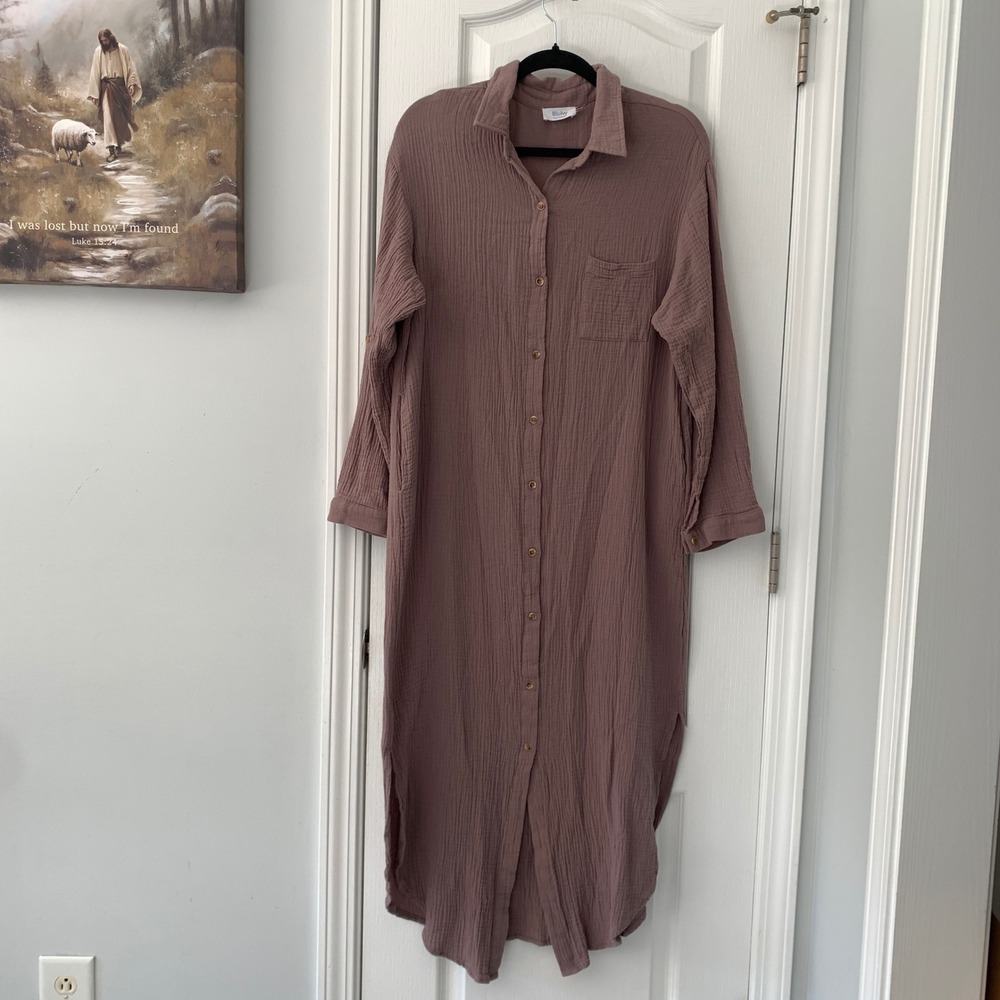 Bluivy Gauze Midi Shirt Dress Dusty Mauve Purple Button Front Long Sleeve Medium